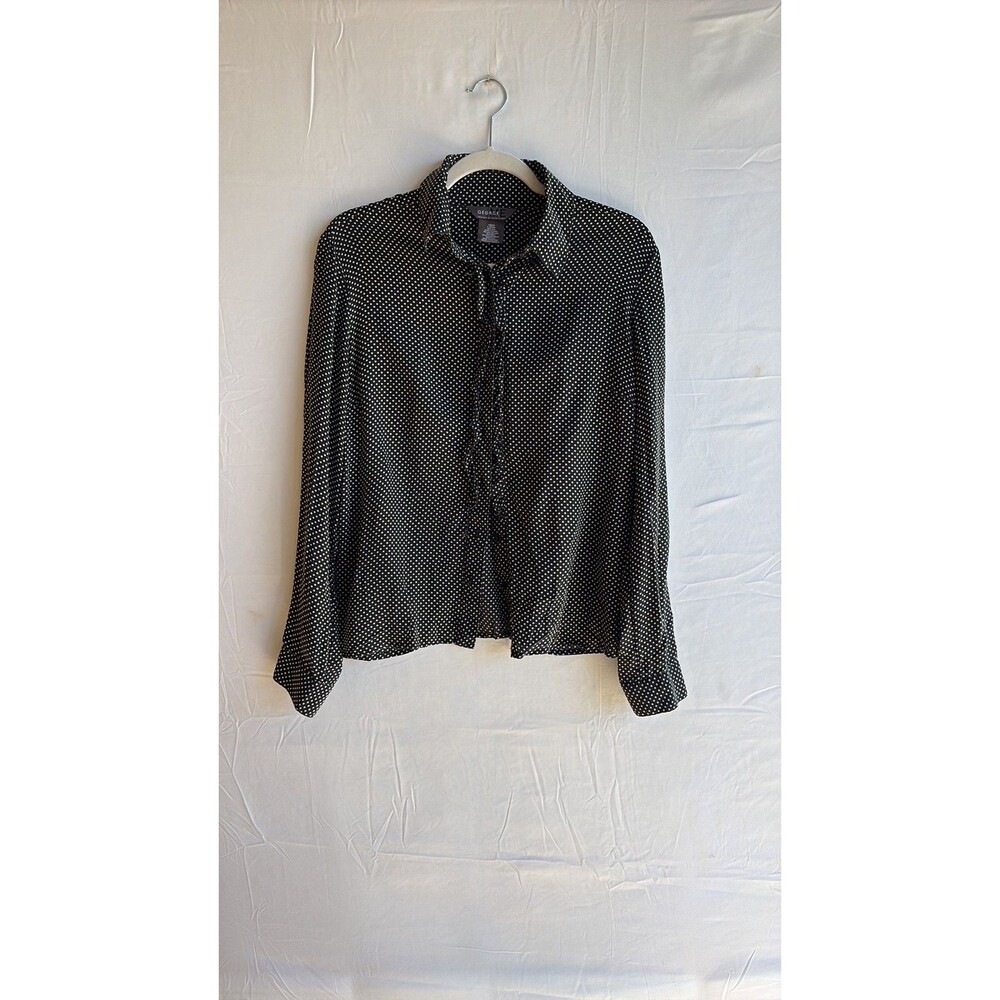 George ME 100% Silk Polka Dot Ruffle Front Blouse